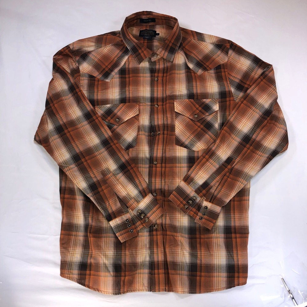 Pendleton Frontier Mens XL Orange Plaid Western Pearl Snap Long Sleeve Shirt